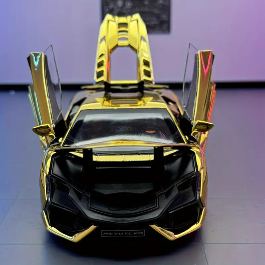 1:24 scale alloy sports car model with glossy golden finish, open hood, and aerodynamic luxury design for collectors and home office décor.