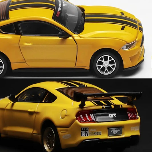 1:42 scale yellow Ford Mustang GT 2018 classic car model with opening doors and replaceable accessories.