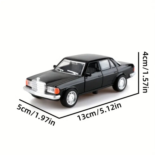 1:36 scale alloy double-door classic car model in vintage black metallic finish with chrome accents and black wheels.