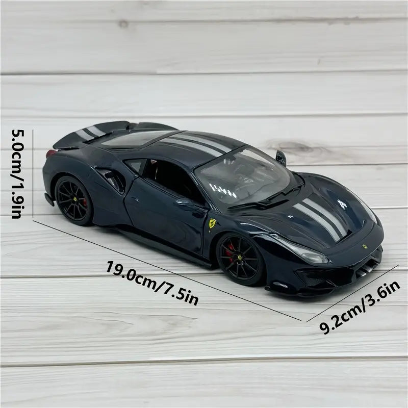 1:24 scale Ferrari 488 Pista diecast car model in red and blue alloy with black wheels, luxury collectible sports car.