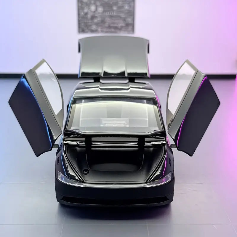 1:32 scale black alloy sports car model with purple accents, featuring detailed interior and exterior, and manual operation.
