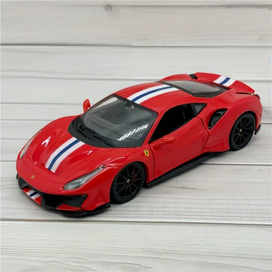 1:24 scale Ferrari 488 Pista diecast car model in red and blue alloy with black wheels, luxury collectible sports car.