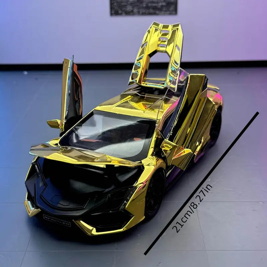 1:24 scale alloy sports car model with glossy golden finish, open hood, and aerodynamic luxury design for collectors and home office décor.