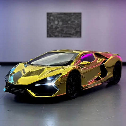 1:24 scale alloy sports car model with glossy golden finish, open hood, and aerodynamic luxury design for collectors and home office décor.