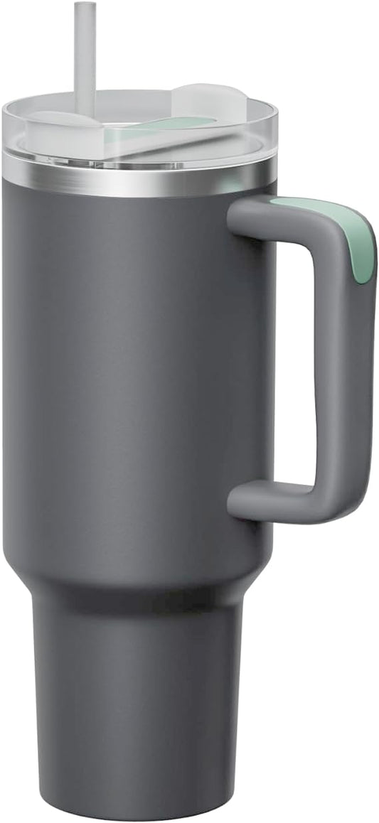 A 40 oz insulated stainless steel travel mug with a handle, lid, and straw cover, perfect for keeping drinks hot or cold on the go. #TravelMug #InsulatedTumbler #StainlessSteel