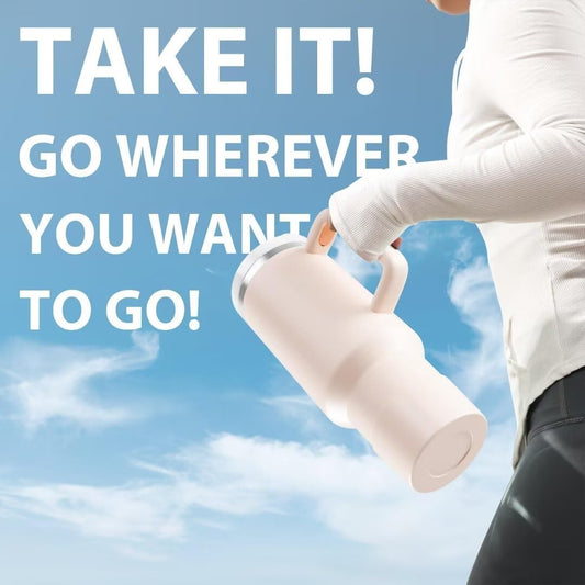 A 40 oz insulated stainless steel travel mug with a handle, lid, and straw cover, perfect for keeping drinks hot or cold on the go. #TravelMug #InsulatedTumbler #StainlessSteel