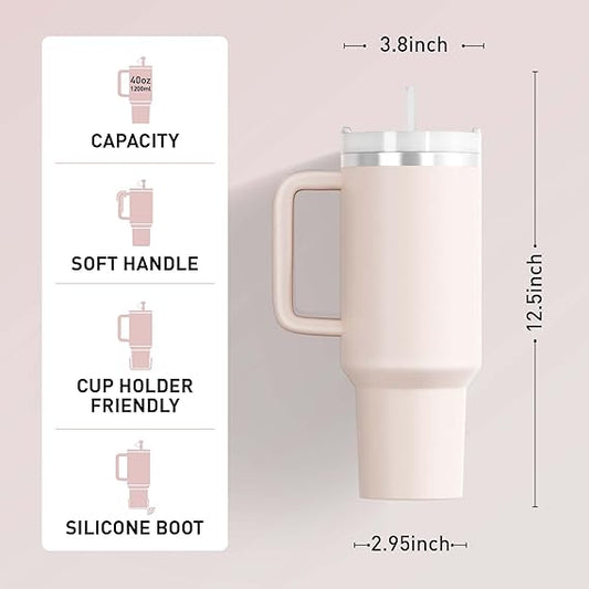 A 40 oz insulated stainless steel travel mug with a handle, lid, and straw cover, perfect for keeping drinks hot or cold on the go. #TravelMug #InsulatedTumbler #StainlessSteel