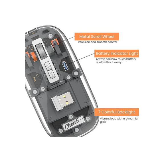 Clear, transparent computer mouse with sleek, minimalist design and ergonomic shape, ideal for modern workspaces.