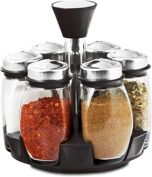 7PC Revolving Spice Rack Spinner Countertop | Spice Organizing Jars Glass Jar Bottles For Herbs, Salt, Spices And More | Spice Jars