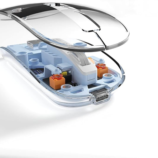 Clear, transparent computer mouse with sleek, minimalist design and ergonomic shape, ideal for modern workspaces.