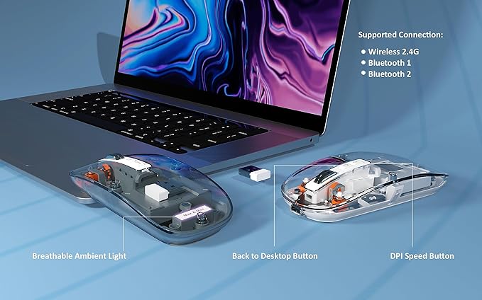 Clear, transparent computer mouse with sleek, minimalist design and ergonomic shape, ideal for modern workspaces.